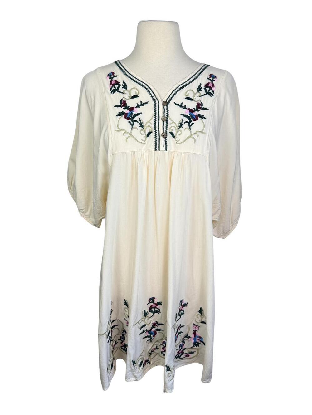 Cottagecore Embroidered Babydoll Dress Cream Boho